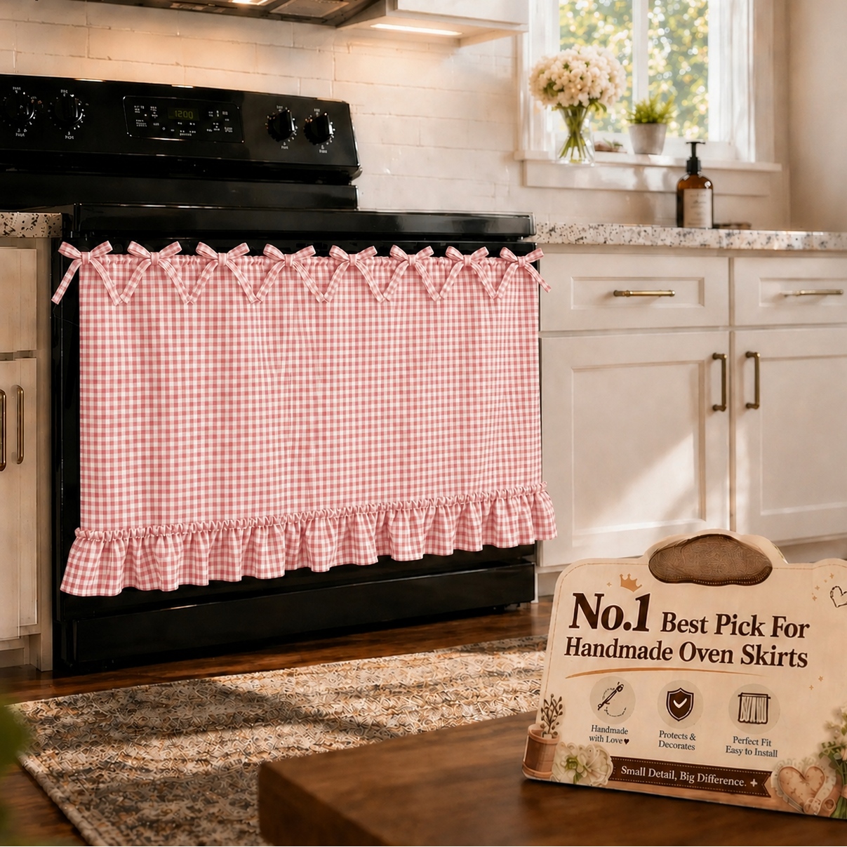 Gingham Oven Door Skirt with Bow Ties & Ruffled Hem – Farmhouse Kitchen Appliance Curtain