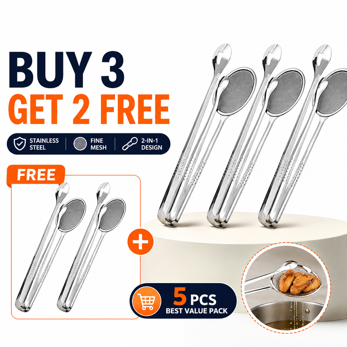 Stainless Steel 2-in-1 Fry Strainer Tongs Mesh Skimmer Kitchen Cooking Tong