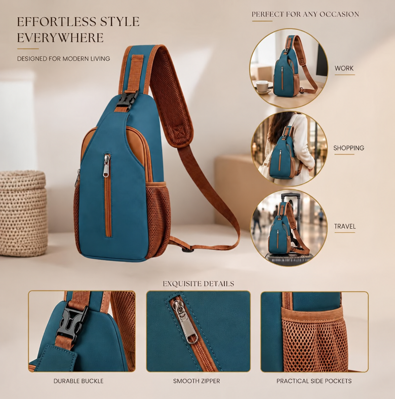 Vintage Two-Tone Sling Chest Bag Adjustable Crossbody Shoulder Bag for Travel Hiking