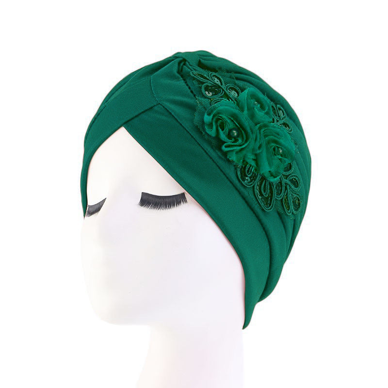 Women's Elegant Floral Sequin Turban Hat – Pleated Headwrap for Church & Everyday Wear