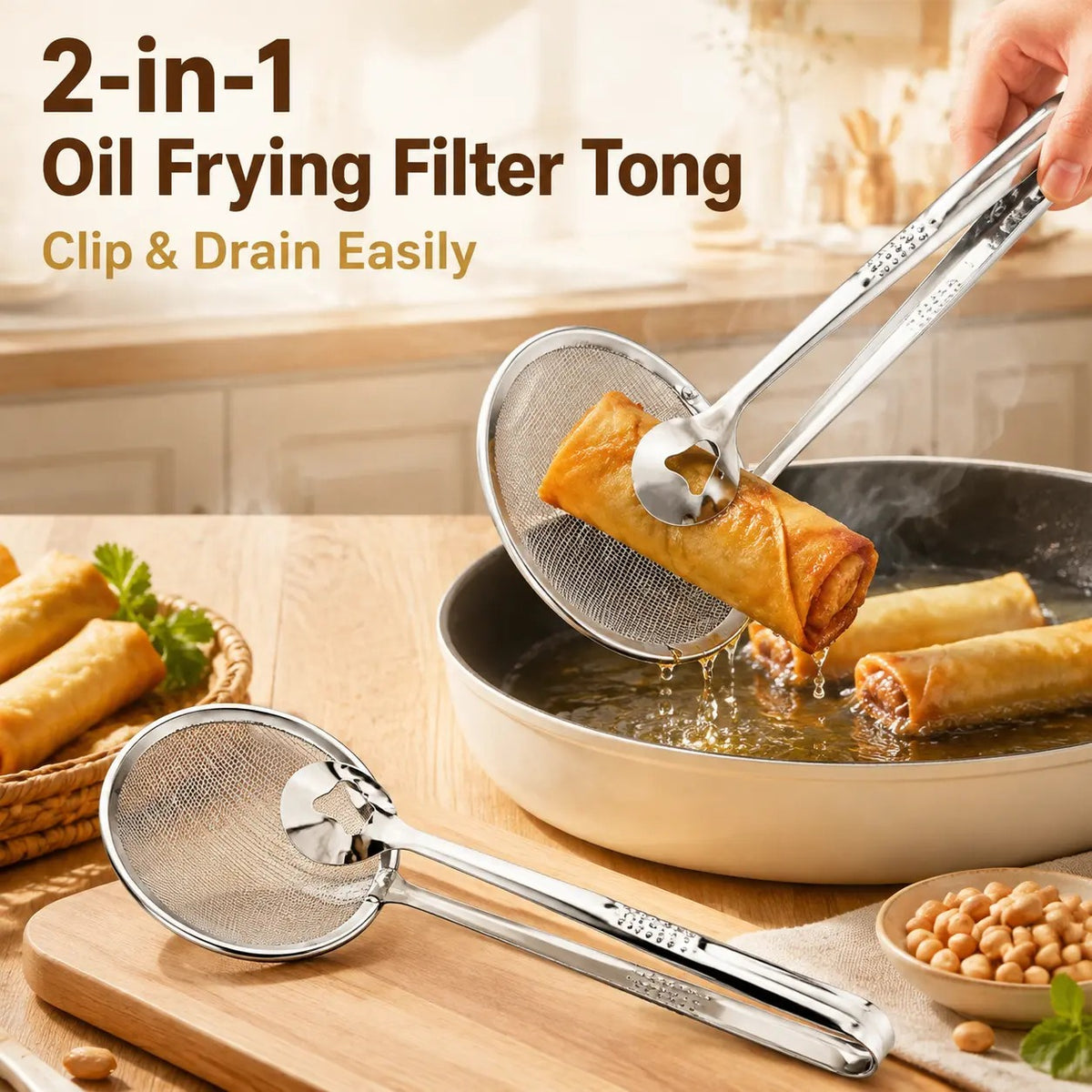 Stainless Steel 2-in-1 Fry Strainer Tongs Mesh Skimmer Kitchen Cooking Tong