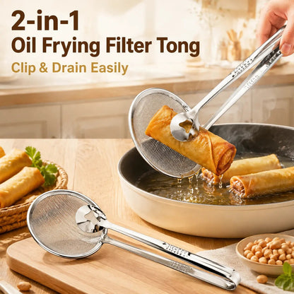 Stainless Steel 2-in-1 Fry Strainer Tongs Mesh Skimmer Kitchen Cooking Tong