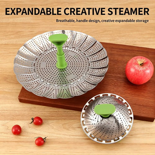 Foldable Stainless Steel Steamer Basket, Adjustable Vegetable Steamer with Handle for Pot Cooking