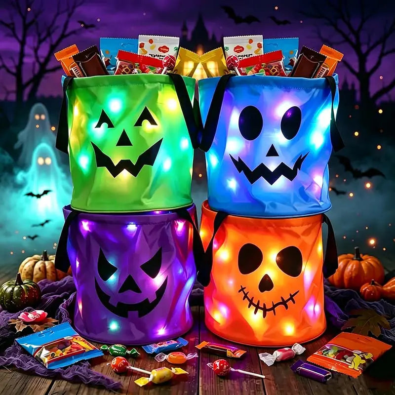LED Light Up Halloween Candy Bucket, Glowing Pumpkin Ghost Trick or Treat Tote Bag, Reusable Collapsible Kids Halloween Basket