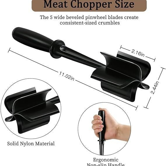 Meat Chopper Hamburger Masher | Get Even‑Sized Meat Crumbles With 5 Beveled Pinwheel Blades