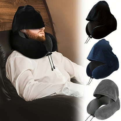 Hooded Memory Foam Travel Neck Pillow with Stowable Privacy Hood