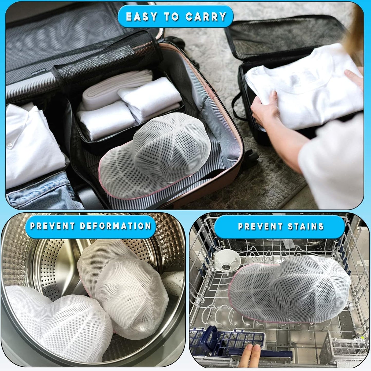 Hat Washing Cage with Laundry Bag, Reusable Baseball Cap Washer Protector Frame for Washing Machine Cap Cleaning Tool