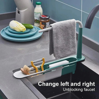 Expandable Sink Storage Rack, Multifunctional Kitchen Sink Drain Basket with Towel Bar, Adjustable Sponge Dishcloth Organizer For Kitchen Counter