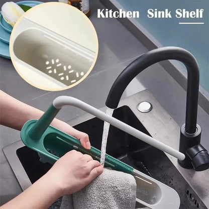 Expandable Sink Storage Rack, Multifunctional Kitchen Sink Drain Basket with Towel Bar, Adjustable Sponge Dishcloth Organizer For Kitchen Counter