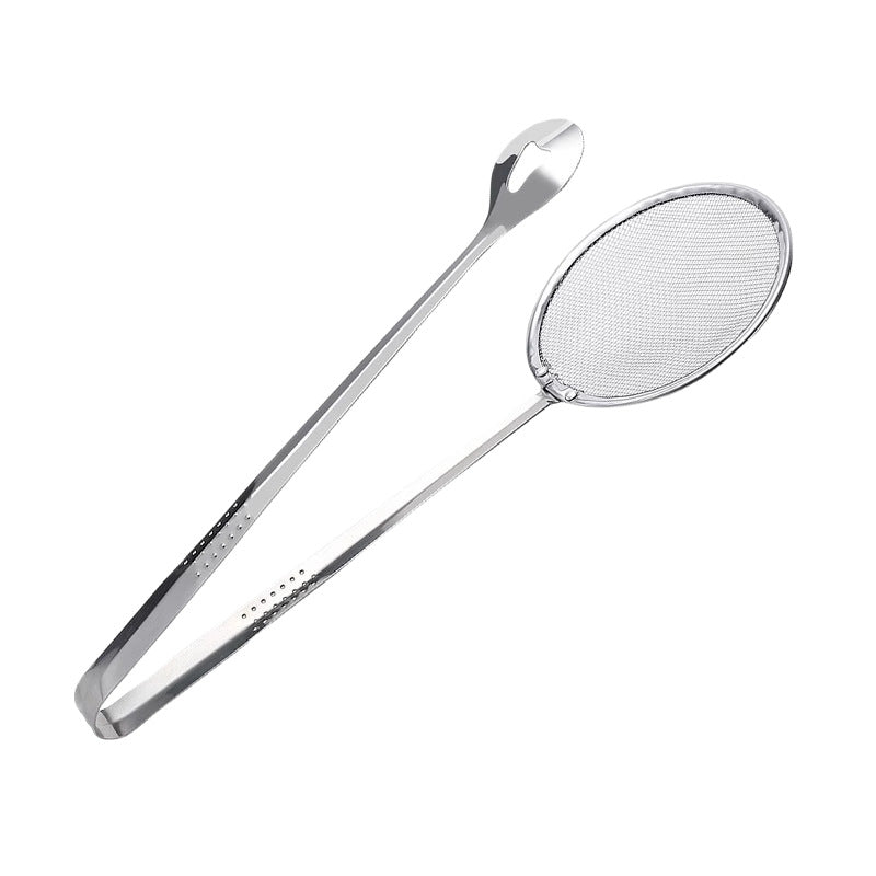 Stainless Steel 2-in-1 Fry Strainer Tongs Mesh Skimmer Kitchen Cooking Tong