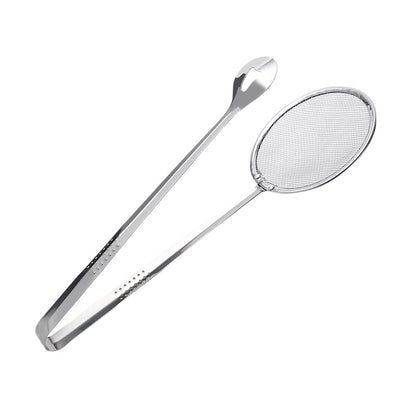 Stainless Steel 2-in-1 Fry Strainer Tongs Mesh Skimmer Kitchen Cooking Tong