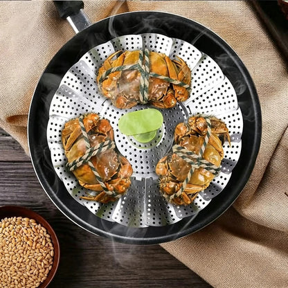 Foldable Stainless Steel Steamer Basket, Adjustable Vegetable Steamer with Handle for Pot Cooking