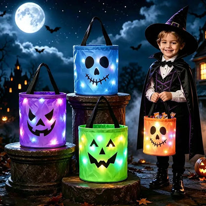 LED Light Up Halloween Candy Bucket, Glowing Pumpkin Ghost Trick or Treat Tote Bag, Reusable Collapsible Kids Halloween Basket