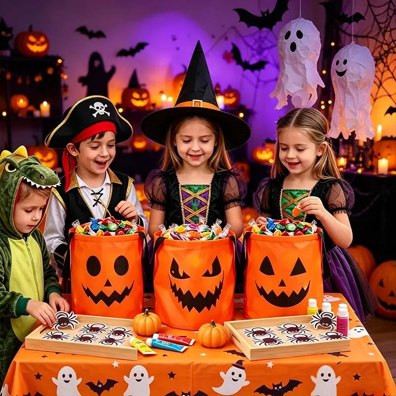 LED Light Up Halloween Candy Bucket, Glowing Pumpkin Ghost Trick or Treat Tote Bag, Reusable Collapsible Kids Halloween Basket