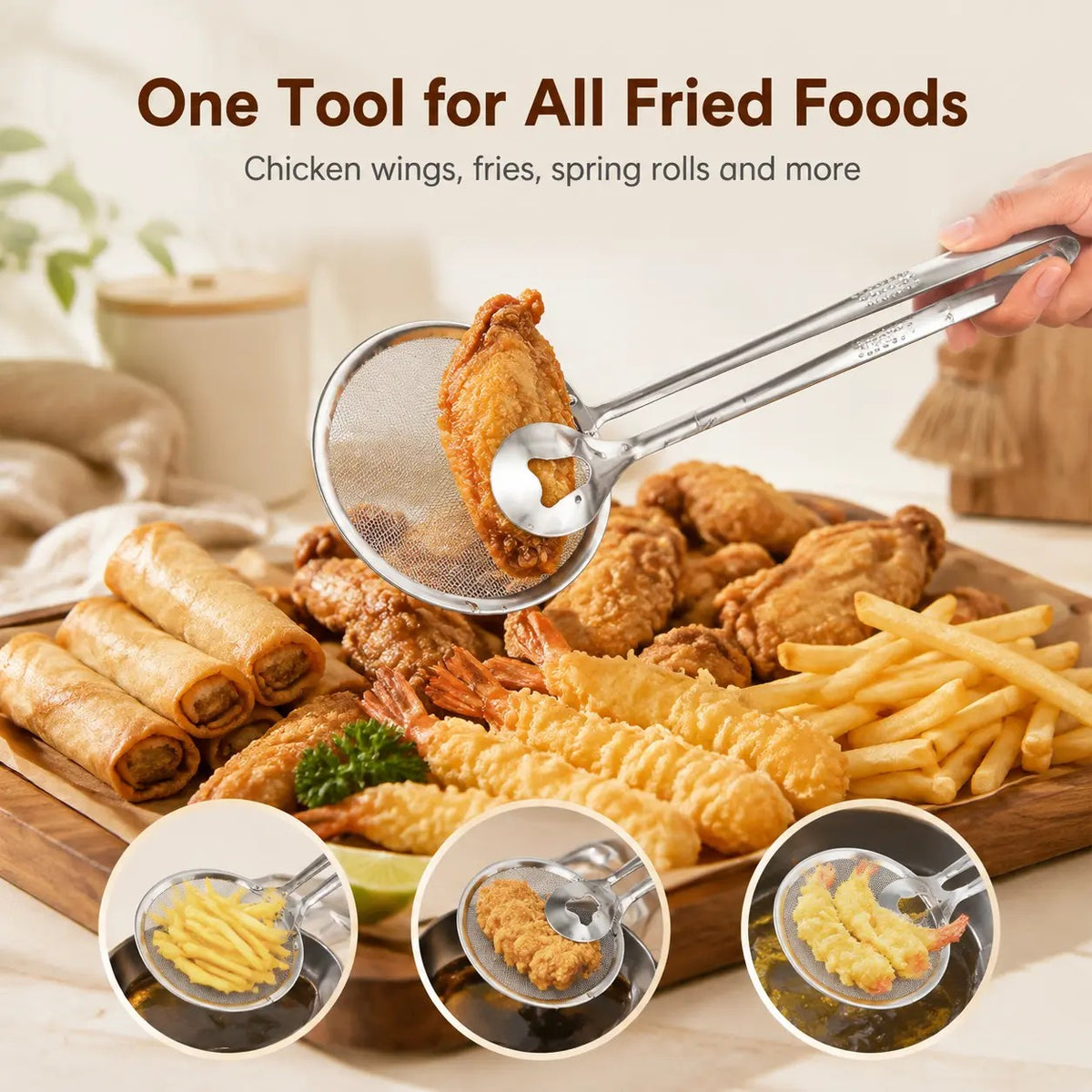 Stainless Steel 2-in-1 Fry Strainer Tongs Mesh Skimmer Kitchen Cooking Tong