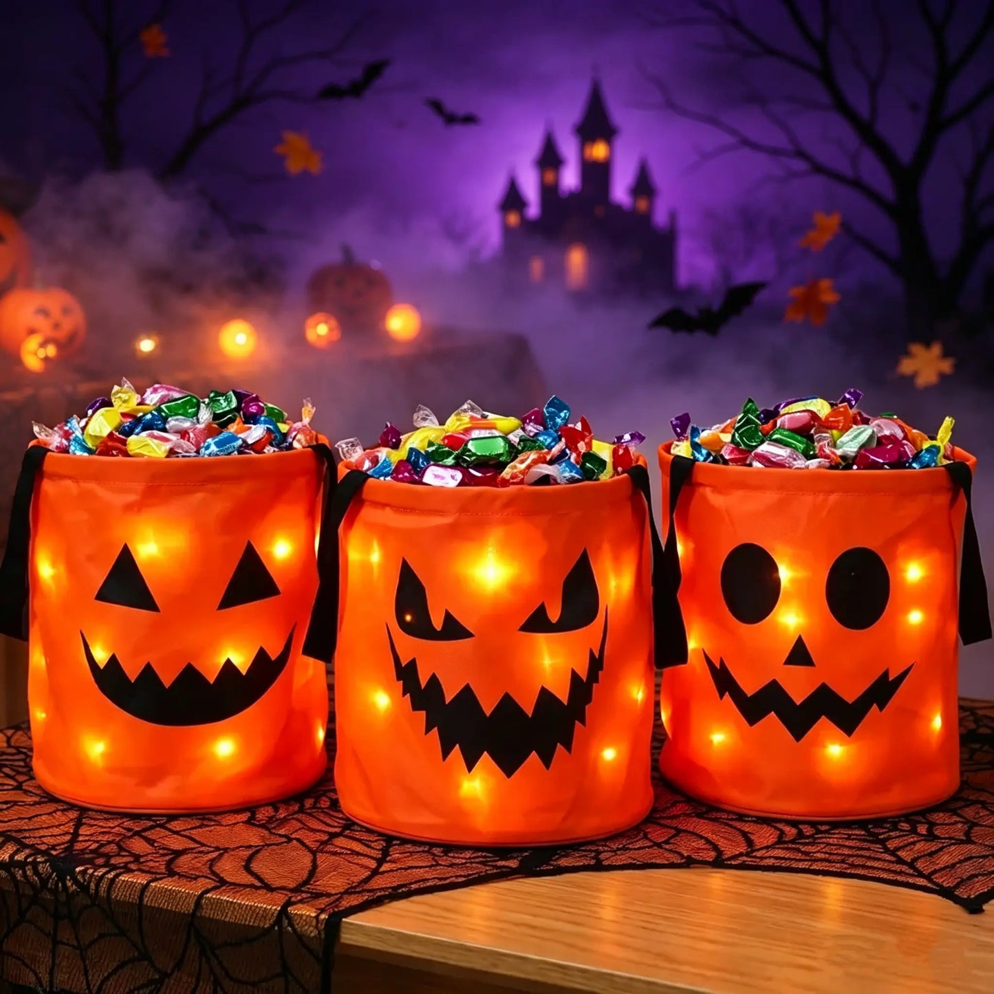 LED Light Up Halloween Candy Bucket, Glowing Pumpkin Ghost Trick or Treat Tote Bag, Reusable Collapsible Kids Halloween Basket