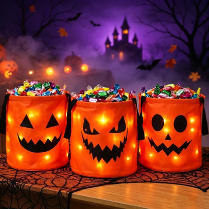 LED Light Up Halloween Candy Bucket, Glowing Pumpkin Ghost Trick or Treat Tote Bag, Reusable Collapsible Kids Halloween Basket