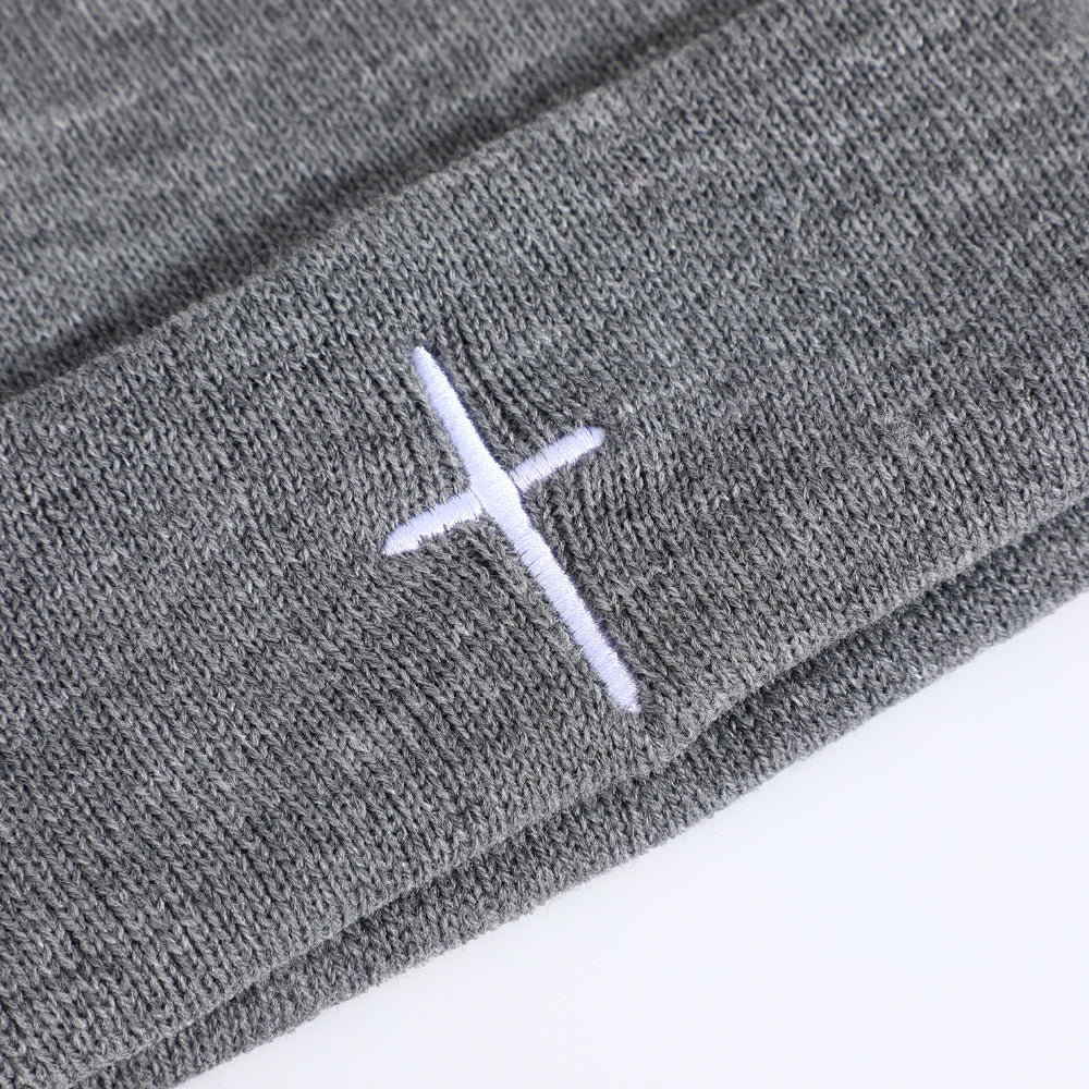 ✝️ Christian Cross Embroidered Beanie – Classic Cuffed Knit Hat