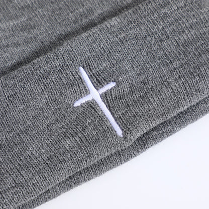 ✝️ Christian Cross Embroidered Beanie – Classic Cuffed Knit Hat