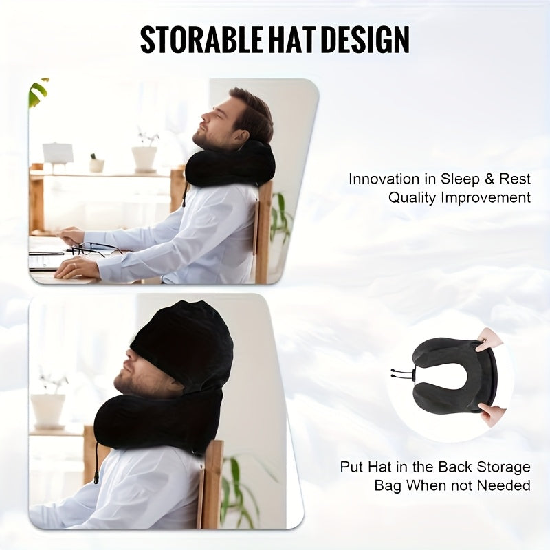 Hooded Memory Foam Travel Neck Pillow with Stowable Privacy Hood
