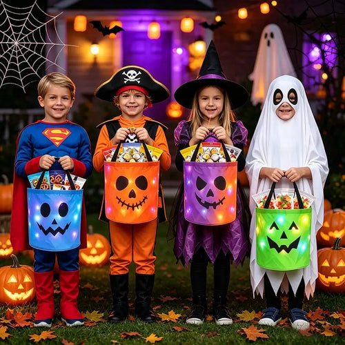 LED Light Up Halloween Candy Bucket, Glowing Pumpkin Ghost Trick or Treat Tote Bag, Reusable Collapsible Kids Halloween Basket