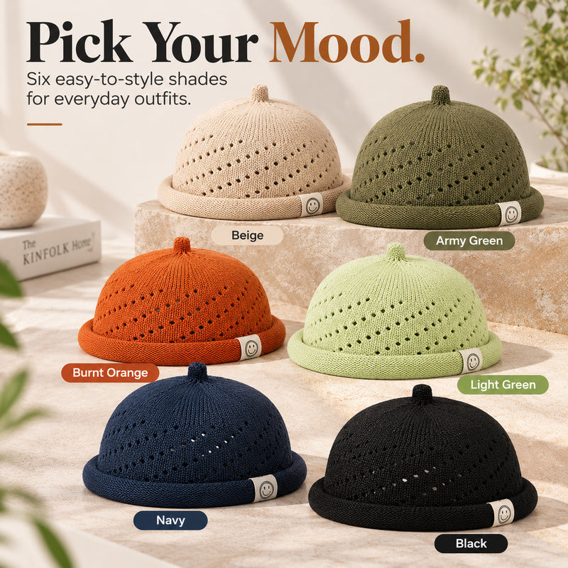 Women's Open-Knit Docker Cap – Rolled Cuff Brimless Knit Hat