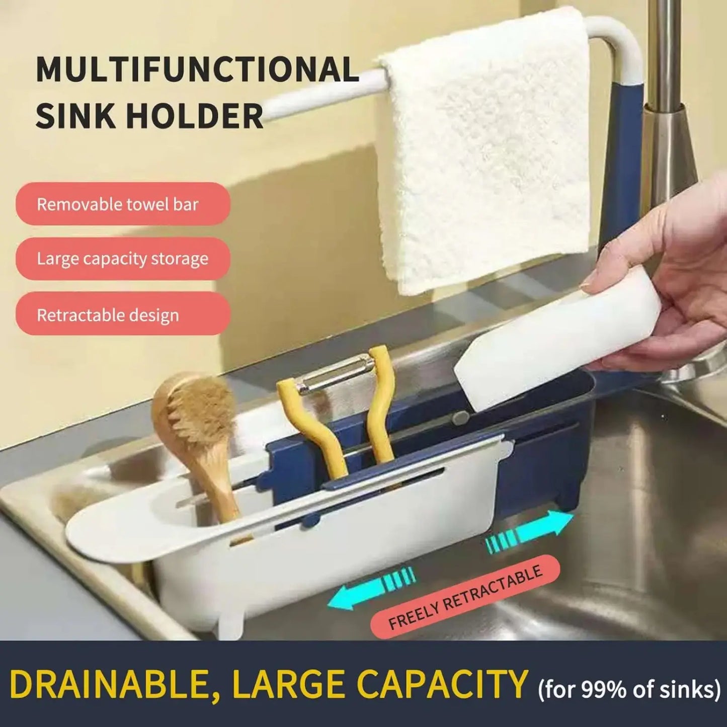 Expandable Sink Storage Rack, Multifunctional Kitchen Sink Drain Basket with Towel Bar, Adjustable Sponge Dishcloth Organizer For Kitchen Counter