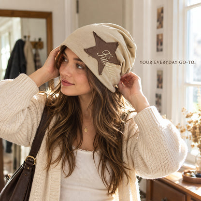 Women's Slouchy Star Patch Beanie | Vintage Cotton Hat