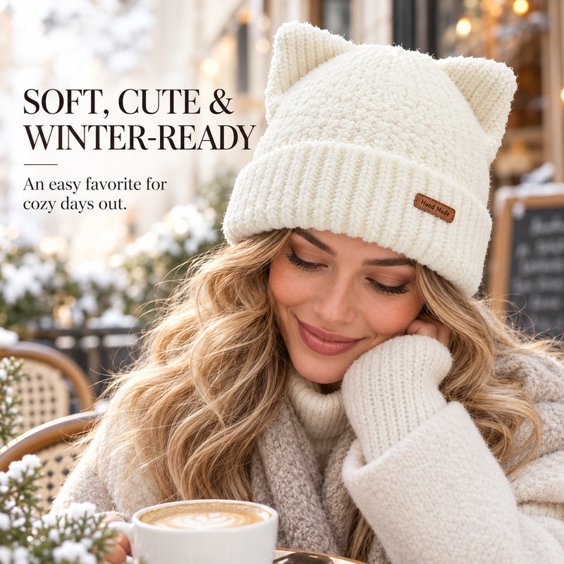 Cute Cat Ear Knit Beanie – Cozy Winter Hat for Women