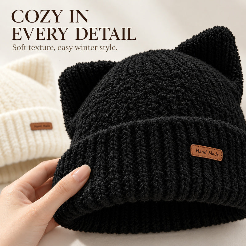 Cute Cat Ear Knit Beanie – Cozy Winter Hat for Women