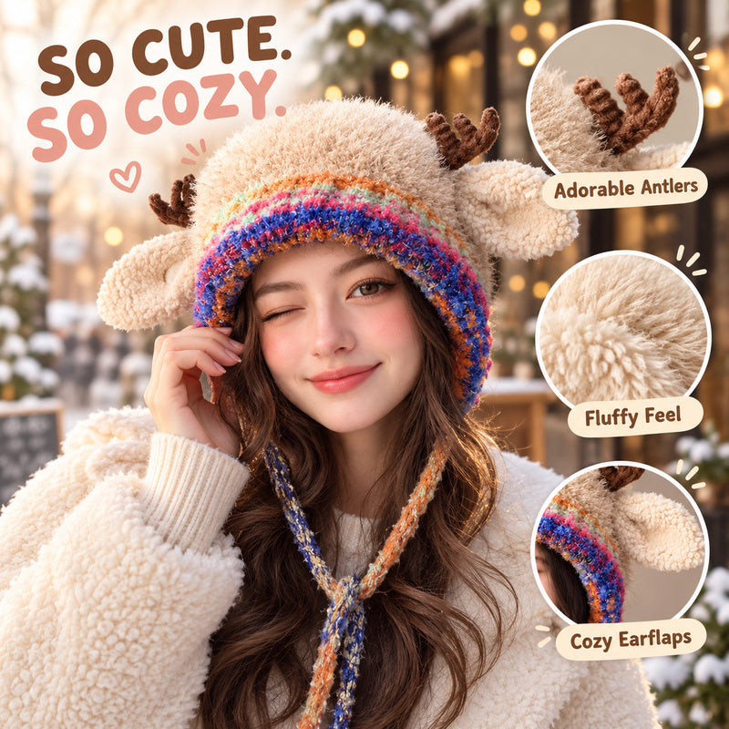 🦌 Cute Reindeer Plush Hat | Cozy Winter Earflap Hat for Women