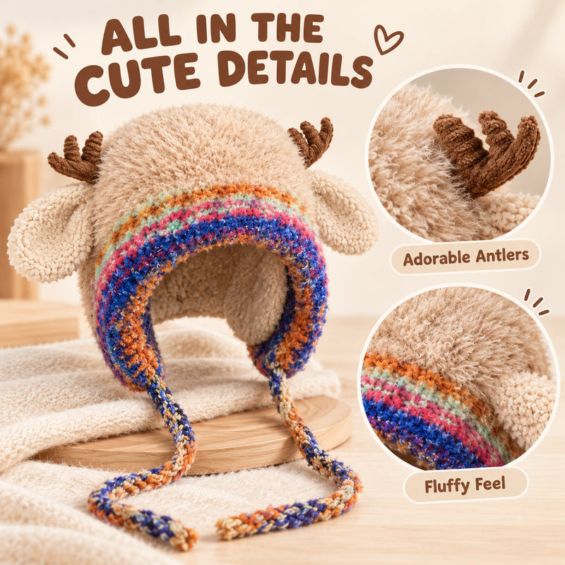 🦌 Cute Reindeer Plush Hat | Cozy Winter Earflap Hat for Women