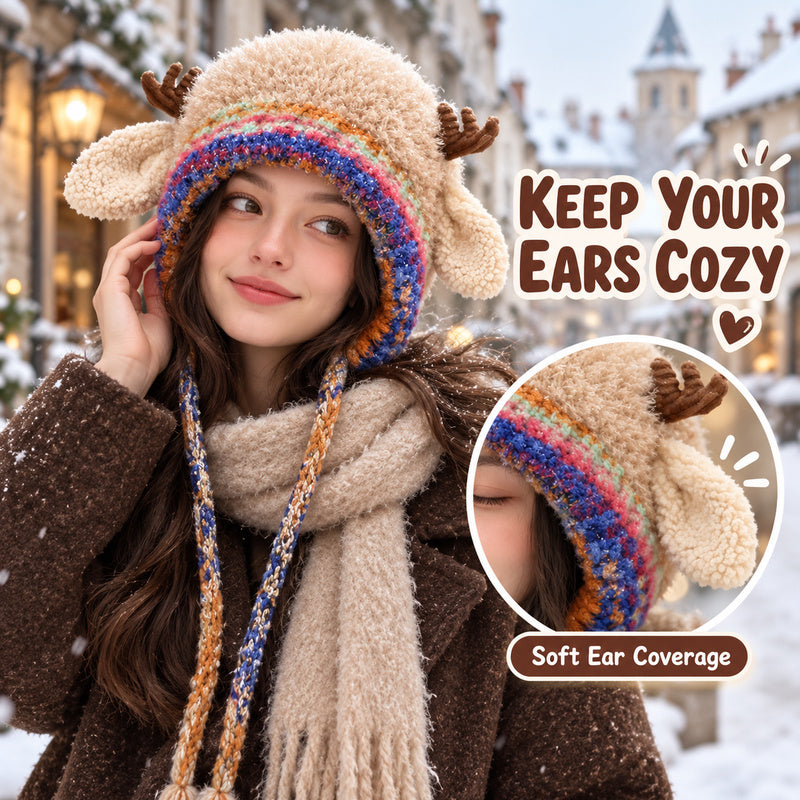 🦌 Cute Reindeer Plush Hat | Cozy Winter Earflap Hat for Women