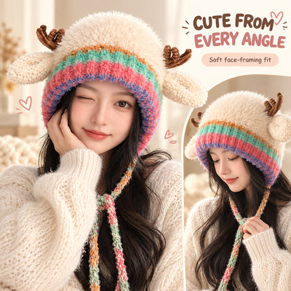 🦌 Cute Reindeer Plush Hat | Cozy Winter Earflap Hat for Women