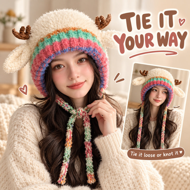 🦌 Cute Reindeer Plush Hat | Cozy Winter Earflap Hat for Women