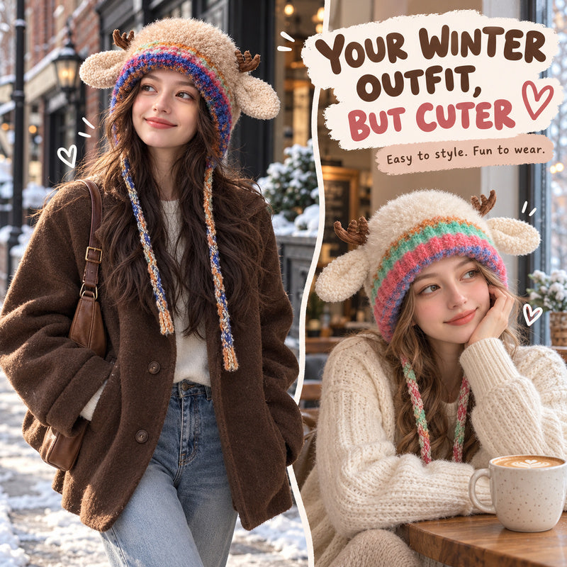 🦌 Cute Reindeer Plush Hat | Cozy Winter Earflap Hat for Women