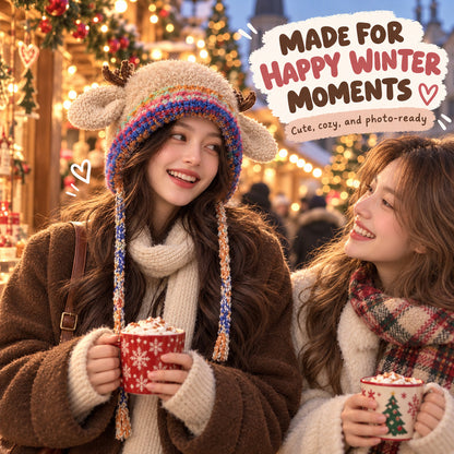 🦌 Cute Reindeer Plush Hat | Cozy Winter Earflap Hat for Women