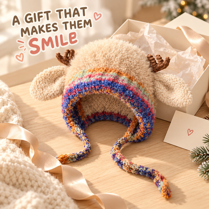 🦌 Cute Reindeer Plush Hat | Cozy Winter Earflap Hat for Women