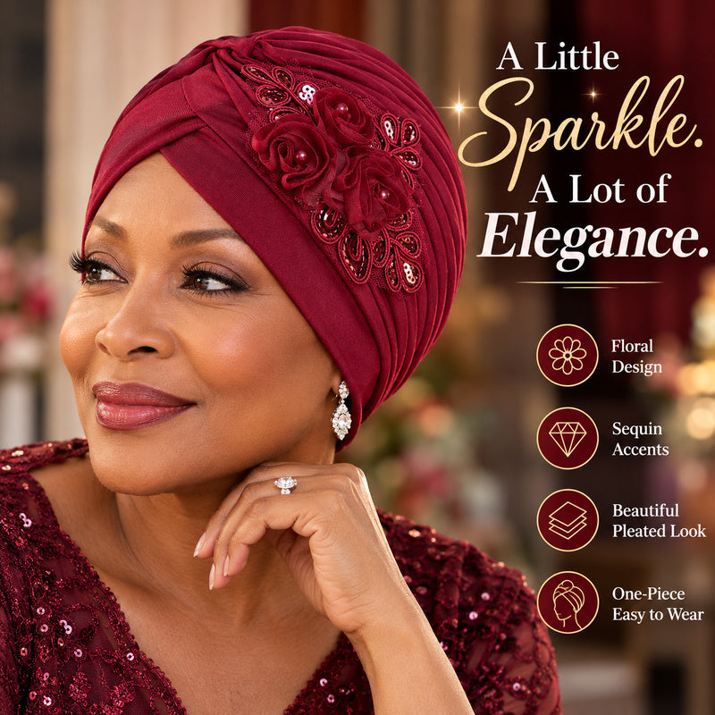 Women's Elegant Floral Sequin Turban Hat – Pleated Headwrap for Church & Everyday Wear
