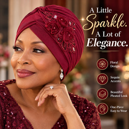 Women's Elegant Floral Sequin Turban Hat – Pleated Headwrap for Church & Everyday Wear