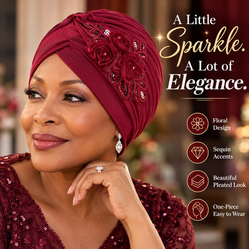 Women's Elegant Floral Sequin Turban Hat – Pleated Headwrap for Church & Everyday Wear