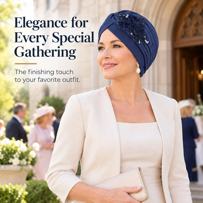 Women's Elegant Floral Sequin Turban Hat – Pleated Headwrap for Church & Everyday Wear