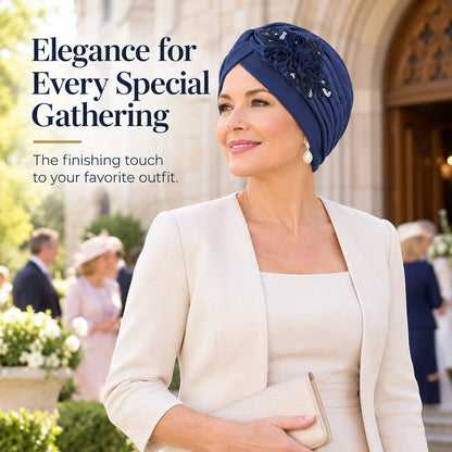 Women's Elegant Floral Sequin Turban Hat – Pleated Headwrap for Church & Everyday Wear