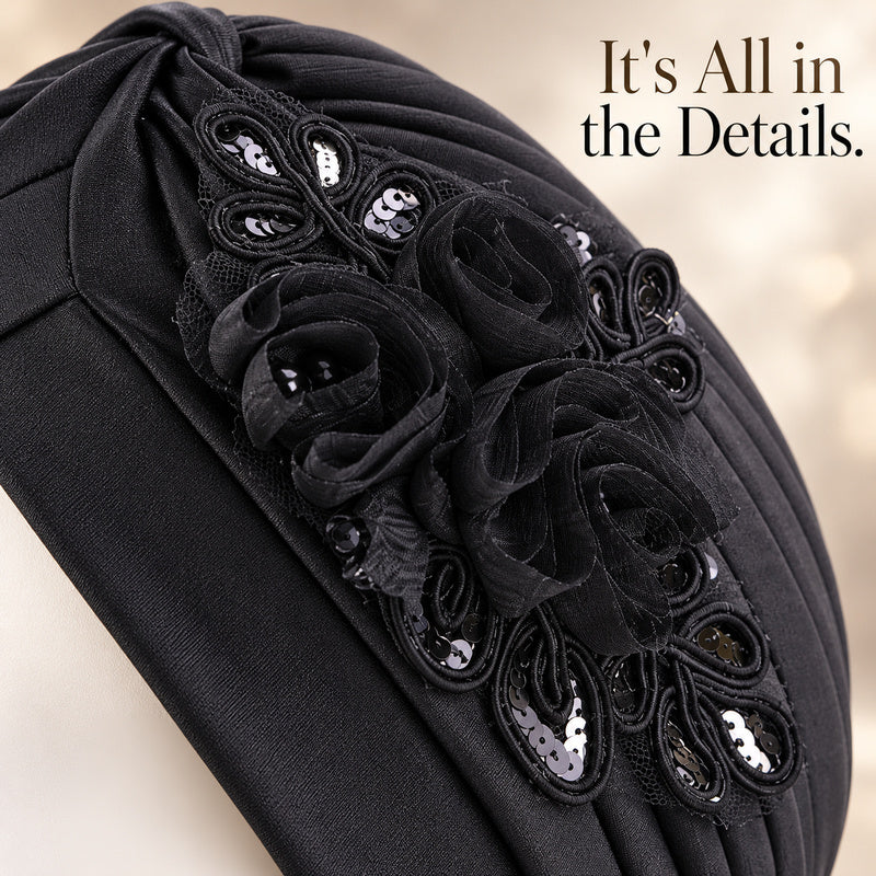 Women's Elegant Floral Sequin Turban Hat – Pleated Headwrap for Church & Everyday Wear