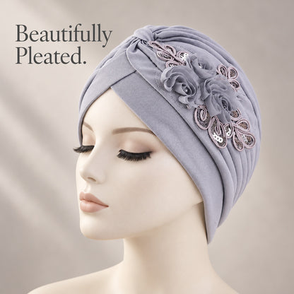 Women's Elegant Floral Sequin Turban Hat – Pleated Headwrap for Church & Everyday Wear
