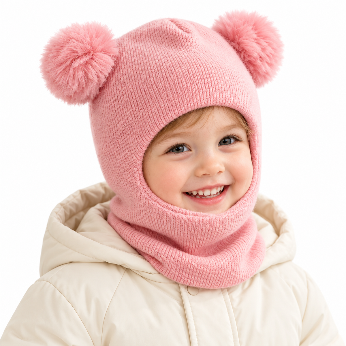 Kids Double Pom-Pom Winter Hat & Scarf | Cozy Knit Balaclava