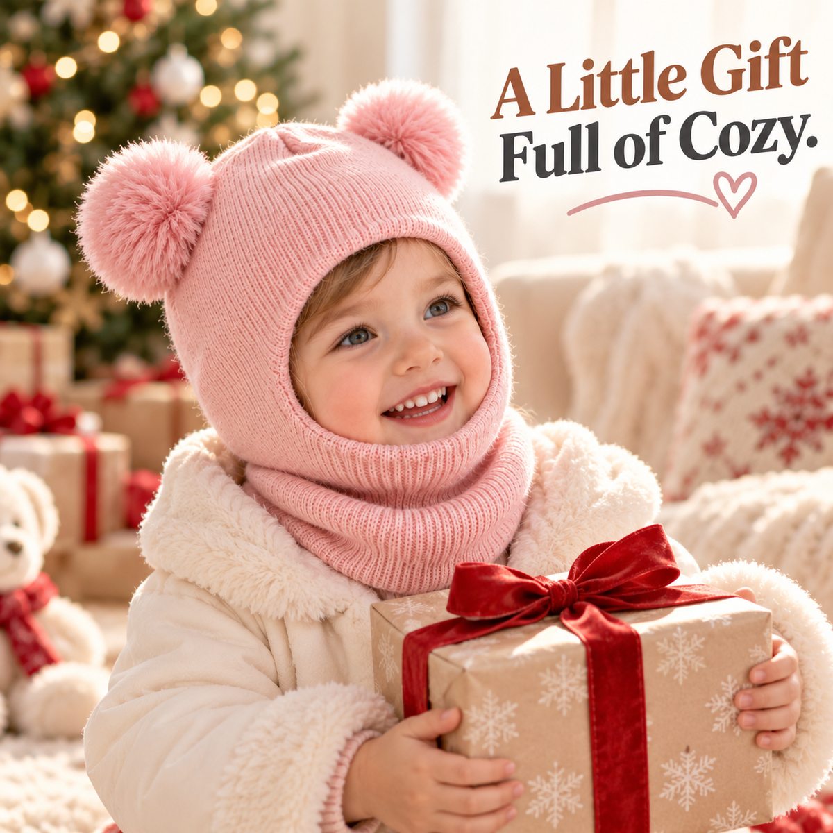 Kids Double Pom-Pom Winter Hat & Scarf | Cozy Knit Balaclava