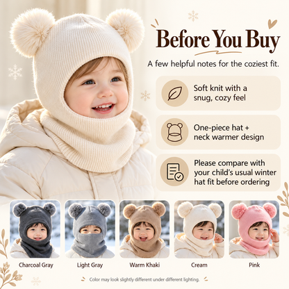 Kids Double Pom-Pom Winter Hat & Scarf | Cozy Knit Balaclava