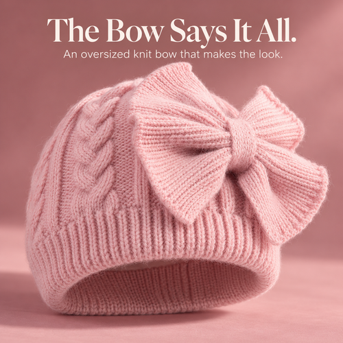 Baby Girl Oversized Bow Knit Beanie – Cozy Cable-Knit Winter Hat