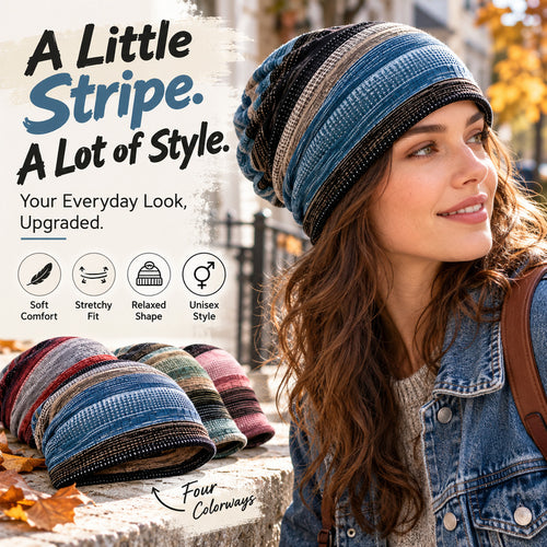🍂 2-in-1 Vintage Striped Slouchy Beanie & Neck Warmer – Soft Stretchy Unisex Hat